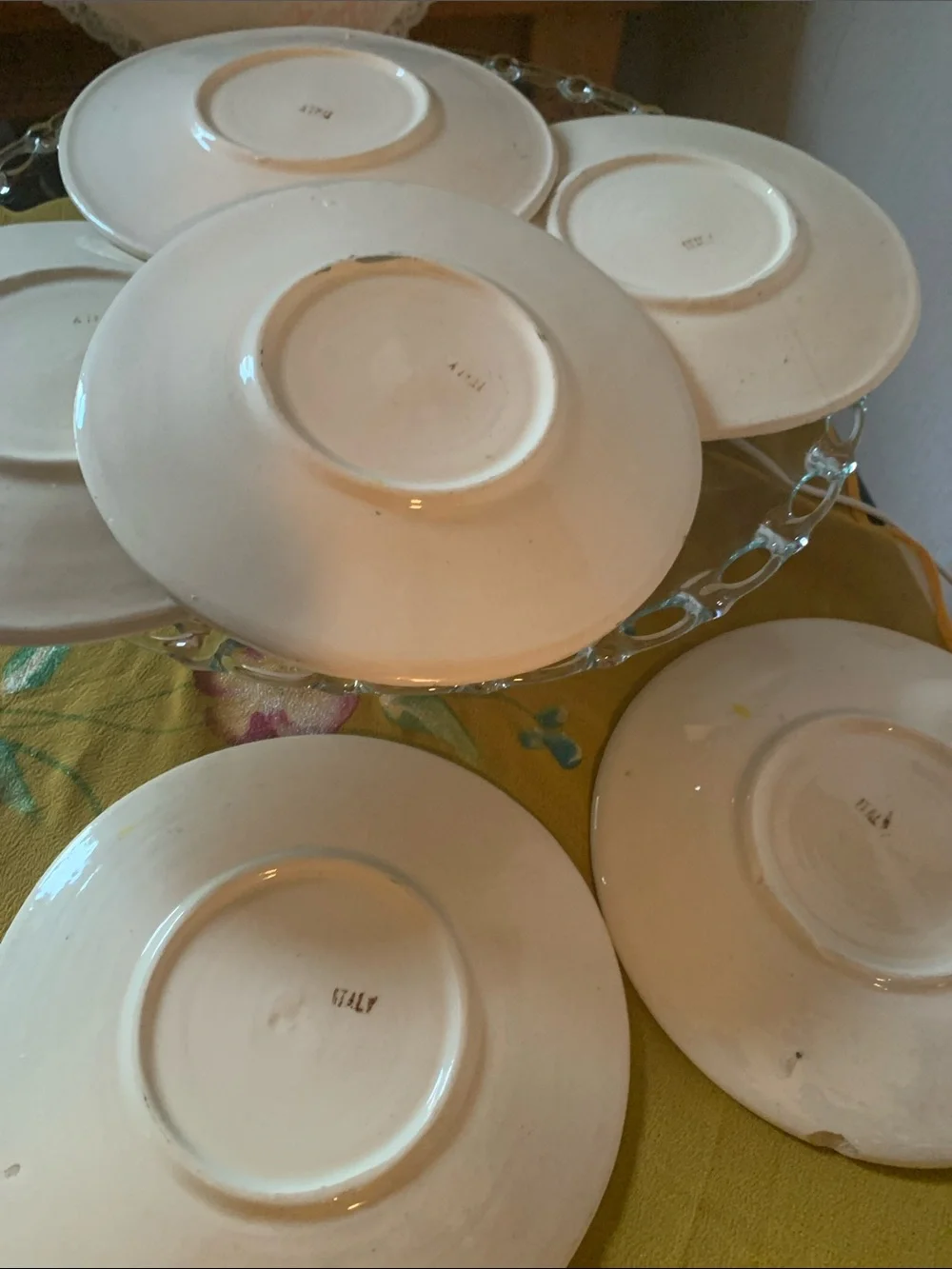 ITALY marked Floral Dessert Plate Set in Purple and Yellow – Old - S/6